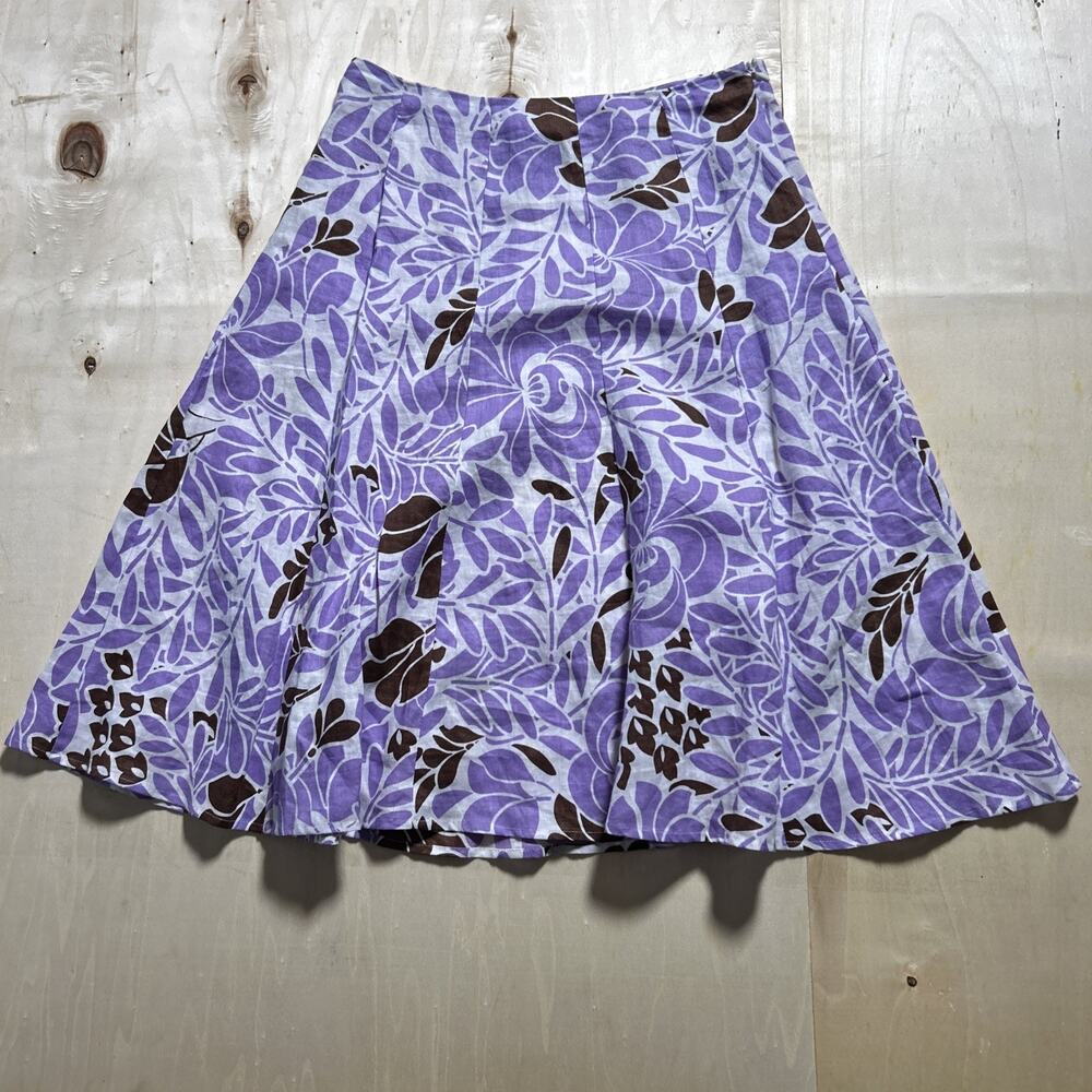 Sunny Leigh Linen Skirt 6 Purple Brown Floral Botanical Pleated Y2K Midi A-Line
